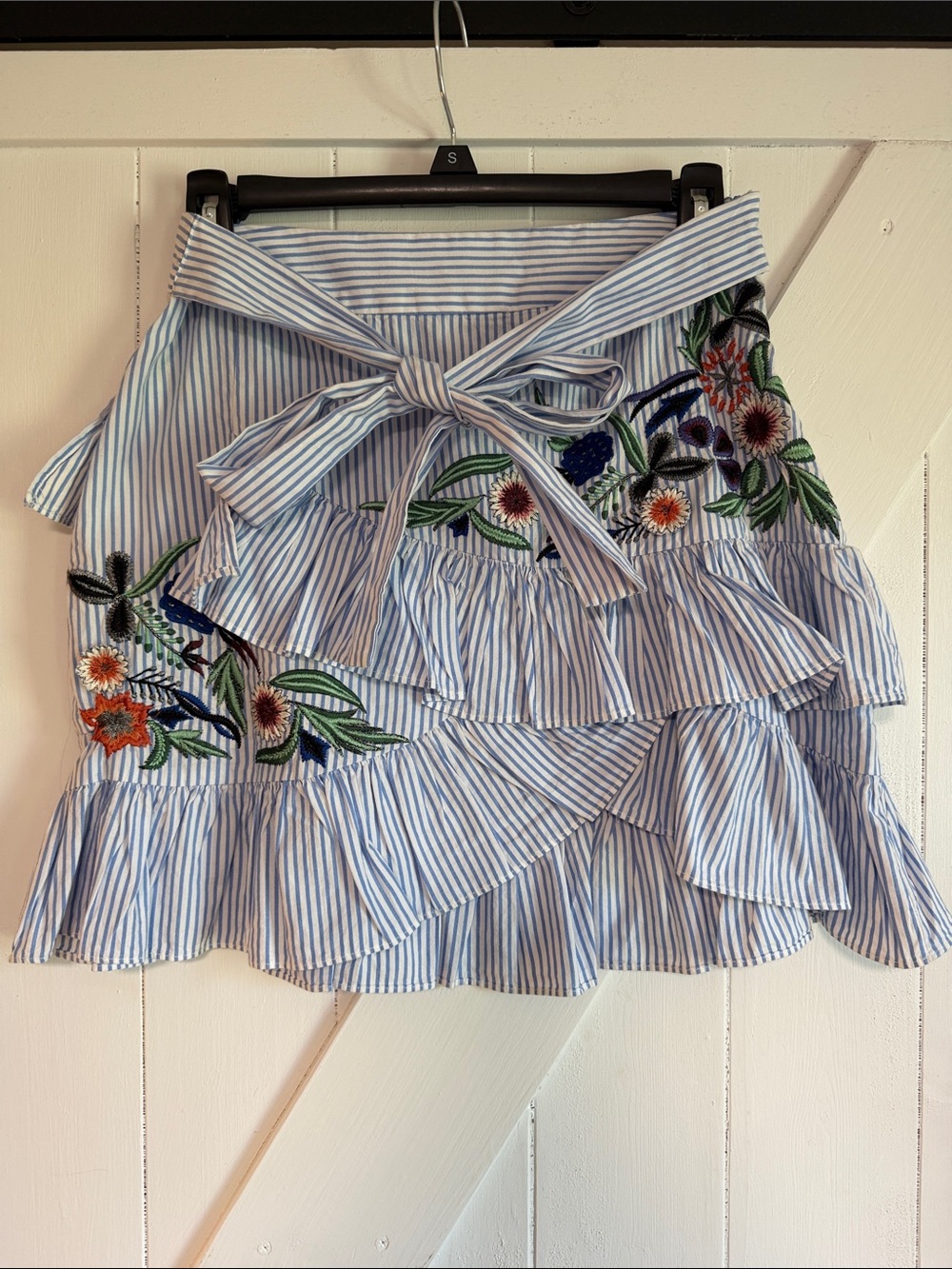 Zara Light Blue Striped Ruffle Mini Skirt with Floral Embroidery